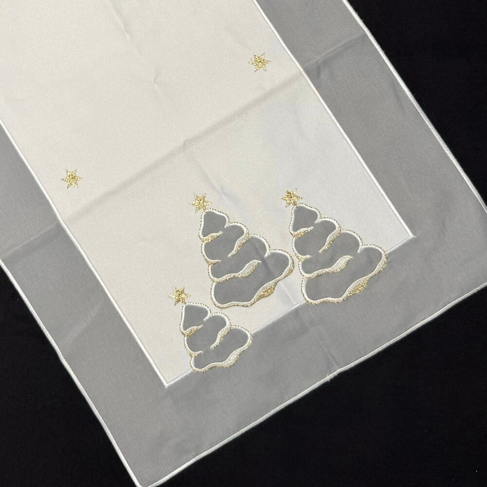German Embroidered Table Runner Mat 14x22 Christmas Trees Metallic Gold Thread
